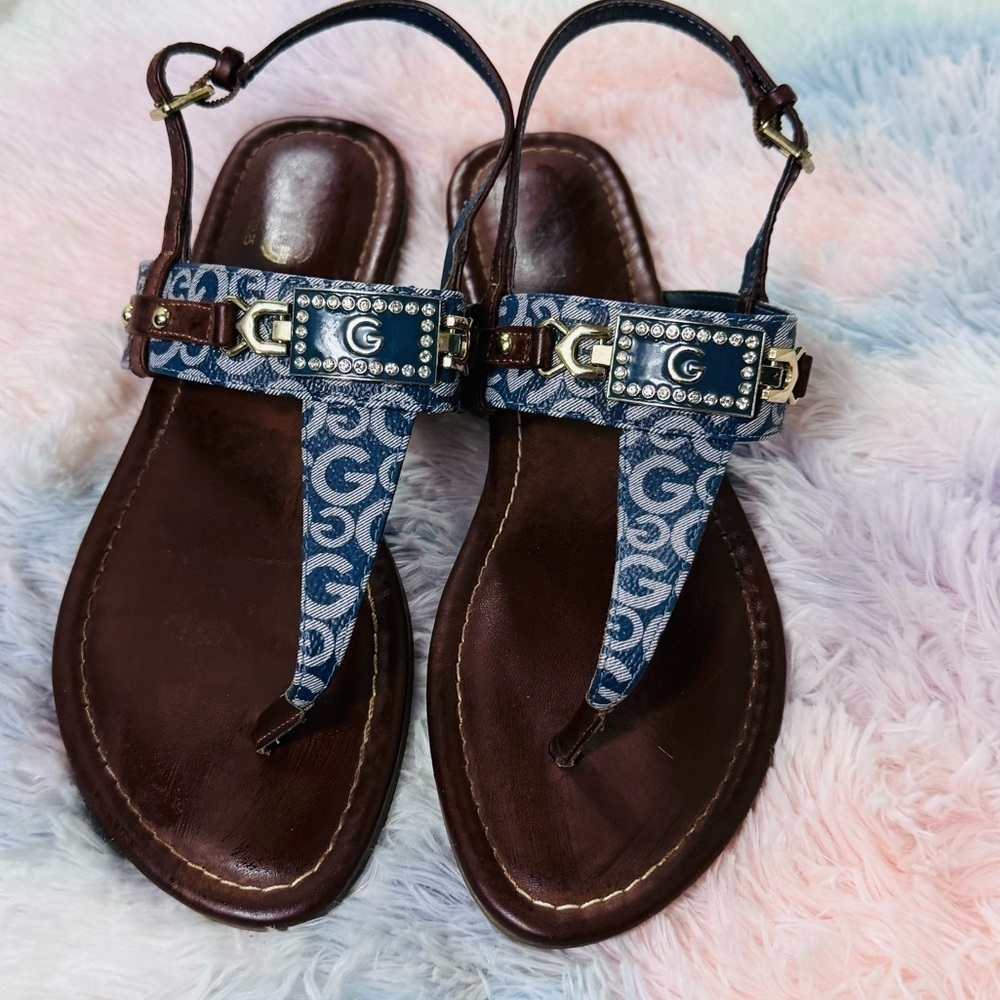 Guess “Jonna” Sandals Brown/sky blue Size 7.5 logo, sequin,embellished EUC